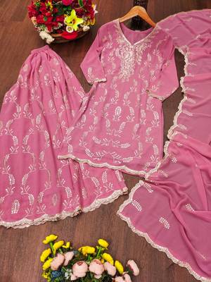 light pink georgette sequin embroidered sharara suit stitched for women's 5