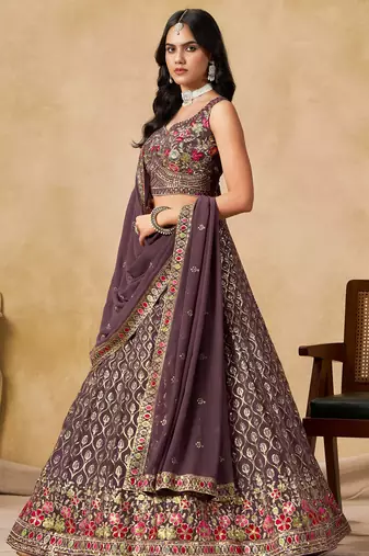 LIGHT PURPLE SEQUINS & THREAD EMBROIDERED GEORGETTE STITCHED LEHENGA CHOLI