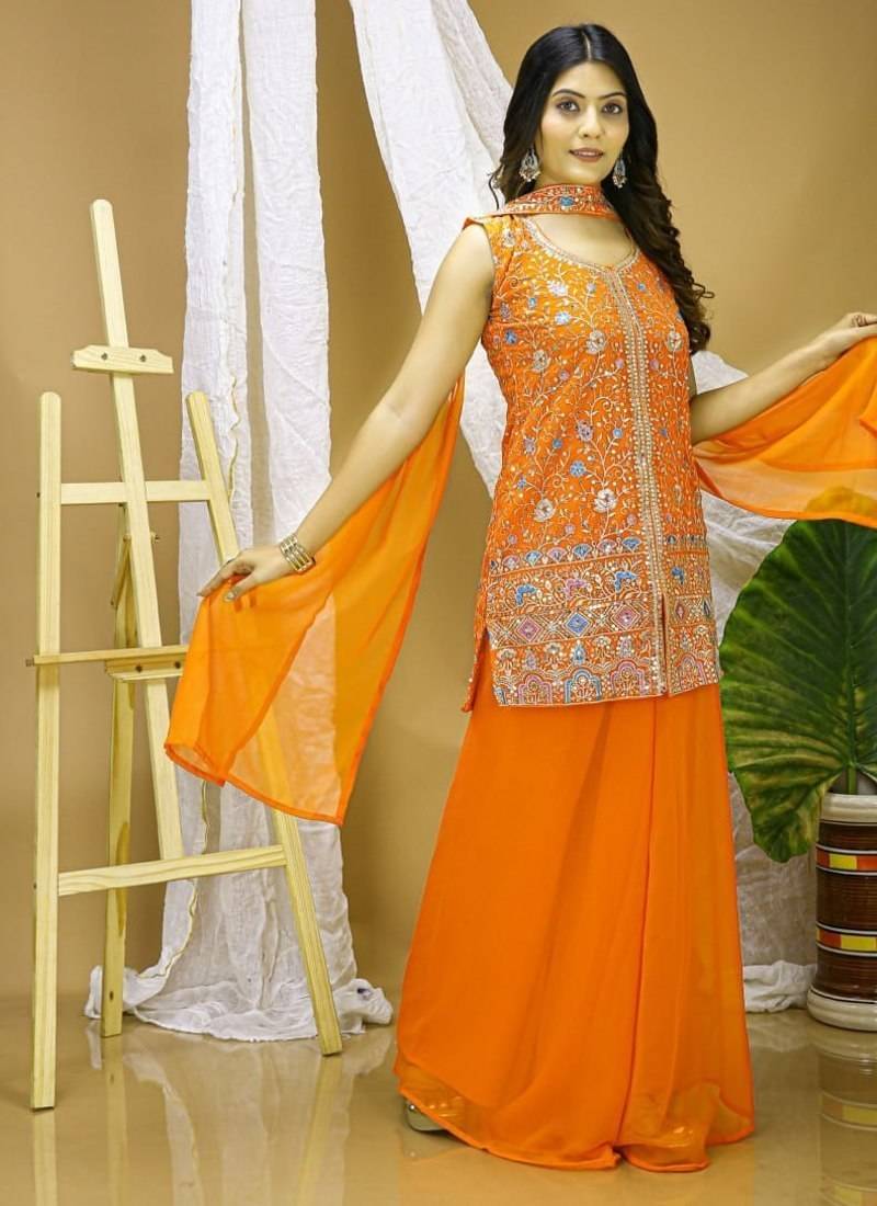 traditional orange georgette embroidered salwar suit for wedding