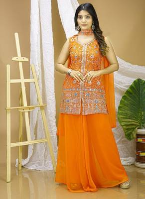 traditional orange georgette embroidered salwar suit for wedding 2
