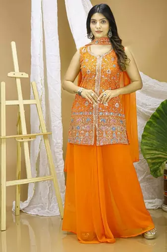 traditional orange georgette embroidered salwar suit for wedding