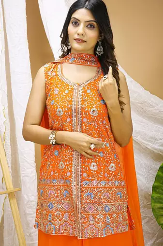 traditional orange georgette embroidered salwar suit for wedding