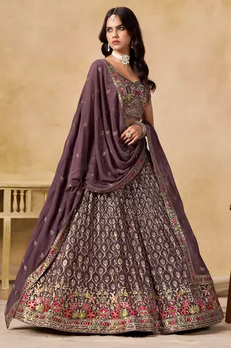 LIGHT PURPLE SEQUINS & THREAD EMBROIDERED GEORGETTE STITCHED LEHENGA CHOLI