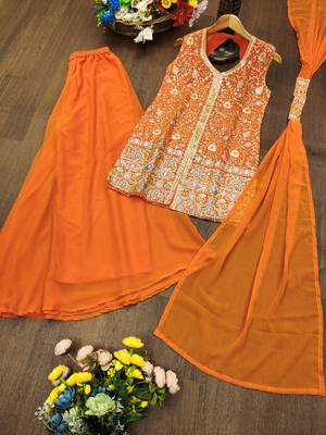 traditional orange georgette embroidered salwar suit for wedding 5