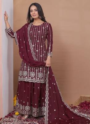 maroon readymade ladies designer natural crep ,sharara suit with dupatta  1