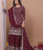 maroon readymade ladies designer natural crep ,sharara suit with dupatta 