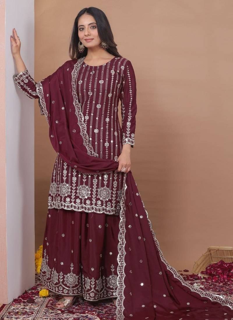 maroon readymade ladies designer natural crep ,sharara suit with dupatta 