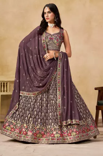 LIGHT PURPLE SEQUINS & THREAD EMBROIDERED GEORGETTE STITCHED LEHENGA CHOLI