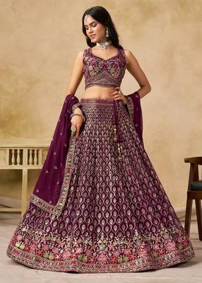 MAROON SEQUINS & THREAD EMBROIDERED GEORGETTE STITCHED LEHENGA CHOLI 1