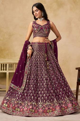 MAROON SEQUINS & THREAD EMBROIDERED GEORGETTE STITCHED LEHENGA CHOLI