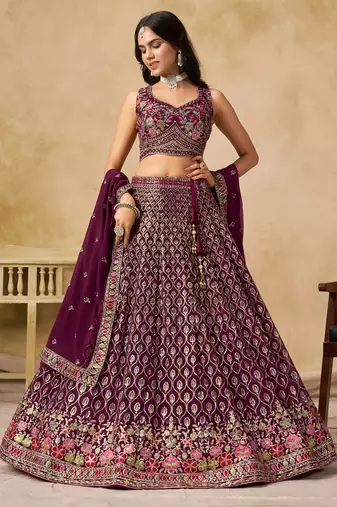 MAROON SEQUINS & THREAD EMBROIDERED GEORGETTE STITCHED LEHENGA CHOLI