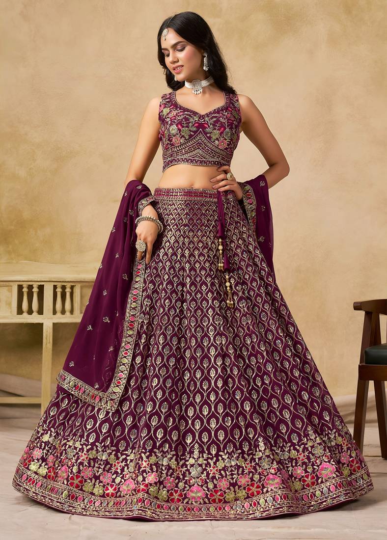 MAROON SEQUINS & THREAD EMBROIDERED GEORGETTE STITCHED LEHENGA CHOLI