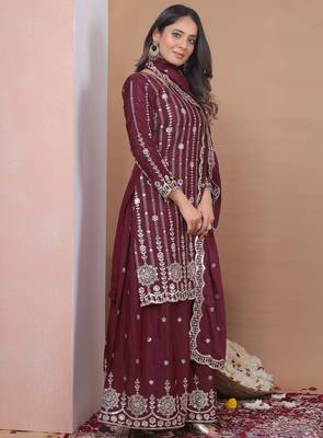maroon readymade ladies designer natural crep ,sharara suit with dupatta  4