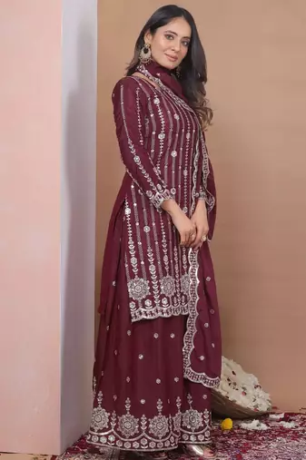 maroon readymade ladies designer natural crep ,sharara suit with dupatta 