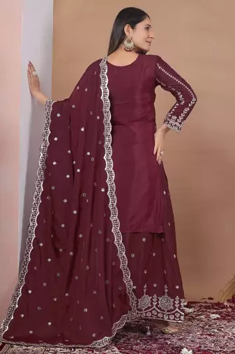 maroon readymade ladies designer natural crep ,sharara suit with dupatta 