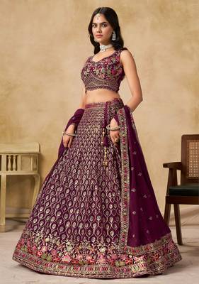MAROON SEQUINS & THREAD EMBROIDERED GEORGETTE STITCHED LEHENGA CHOLI 2