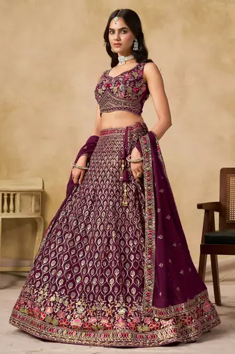 MAROON SEQUINS & THREAD EMBROIDERED GEORGETTE STITCHED LEHENGA CHOLI