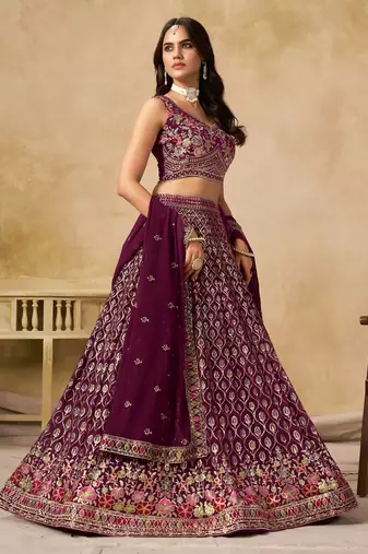 MAROON SEQUINS & THREAD EMBROIDERED GEORGETTE STITCHED LEHENGA CHOLI