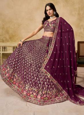 MAROON SEQUINS & THREAD EMBROIDERED GEORGETTE STITCHED LEHENGA CHOLI 4