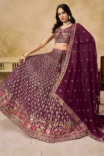 MAROON SEQUINS & THREAD EMBROIDERED GEORGETTE STITCHED LEHENGA CHOLI