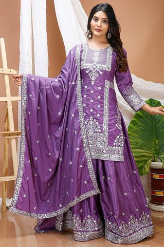 purple natural crepe heavy embroidered salwar suit with dupatta for women's