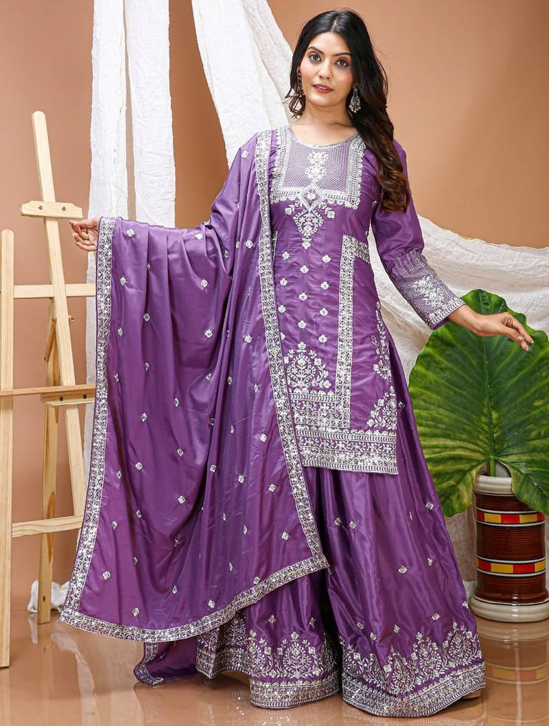 purple natural crepe heavy embroidered salwar suit with dupatta for women's