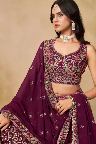 MAROON SEQUINS & THREAD EMBROIDERED GEORGETTE STITCHED LEHENGA CHOLI