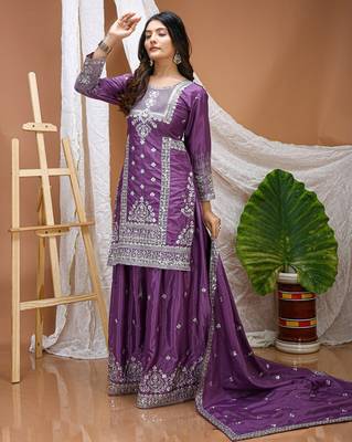 purple natural crepe heavy embroidered salwar suit with dupatta for women's 2