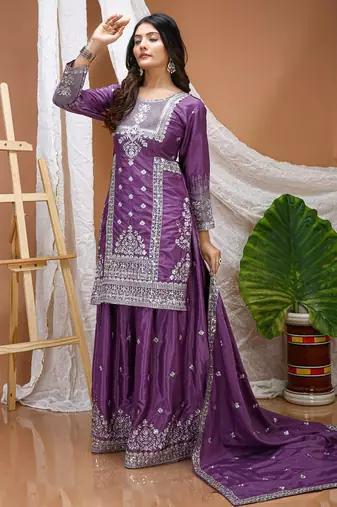 purple natural crepe heavy embroidered salwar suit with dupatta for women's