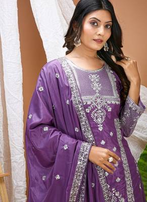 purple natural crepe heavy embroidered salwar suit with dupatta for women's 3