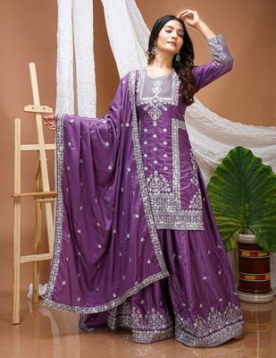purple natural crepe heavy embroidered salwar suit with dupatta for women's 4