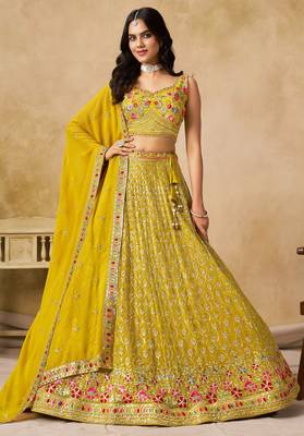 YELLOW SEQUINS & THREAD EMBROIDERED GEORGETTE STITCHED LEHENGA CHOLI 1