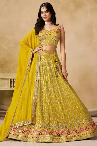 YELLOW SEQUINS & THREAD EMBROIDERED GEORGETTE STITCHED LEHENGA CHOLI