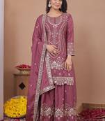 elegant mauve crepe sequins embroidered palazzo suit festive wear for women's