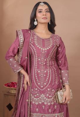 elegant mauve crepe sequins embroidered palazzo suit festive wear for women's 3