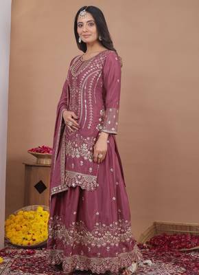 elegant mauve crepe sequins embroidered palazzo suit festive wear for women's 4