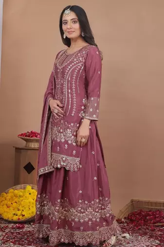 elegant mauve crepe sequins embroidered palazzo suit festive wear for women's