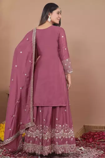 elegant mauve crepe sequins embroidered palazzo suit festive wear for women's