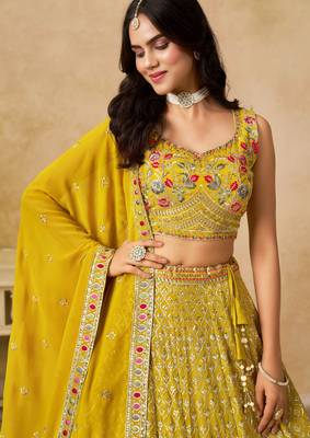 YELLOW SEQUINS & THREAD EMBROIDERED GEORGETTE STITCHED LEHENGA CHOLI 5