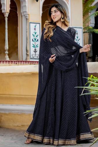 BLACK ZARI & CODING LACE WORK WITH LEHERIYA PRINTED GEORGETTE NAVRATRI STITCHED LEHENGA CHOLI