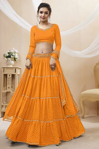 YELLOW LEHRIYA PRINTED WITH LACE ALL OVER GEORGETTE NAVRATRI STITCHED LEHENGA CHOLI