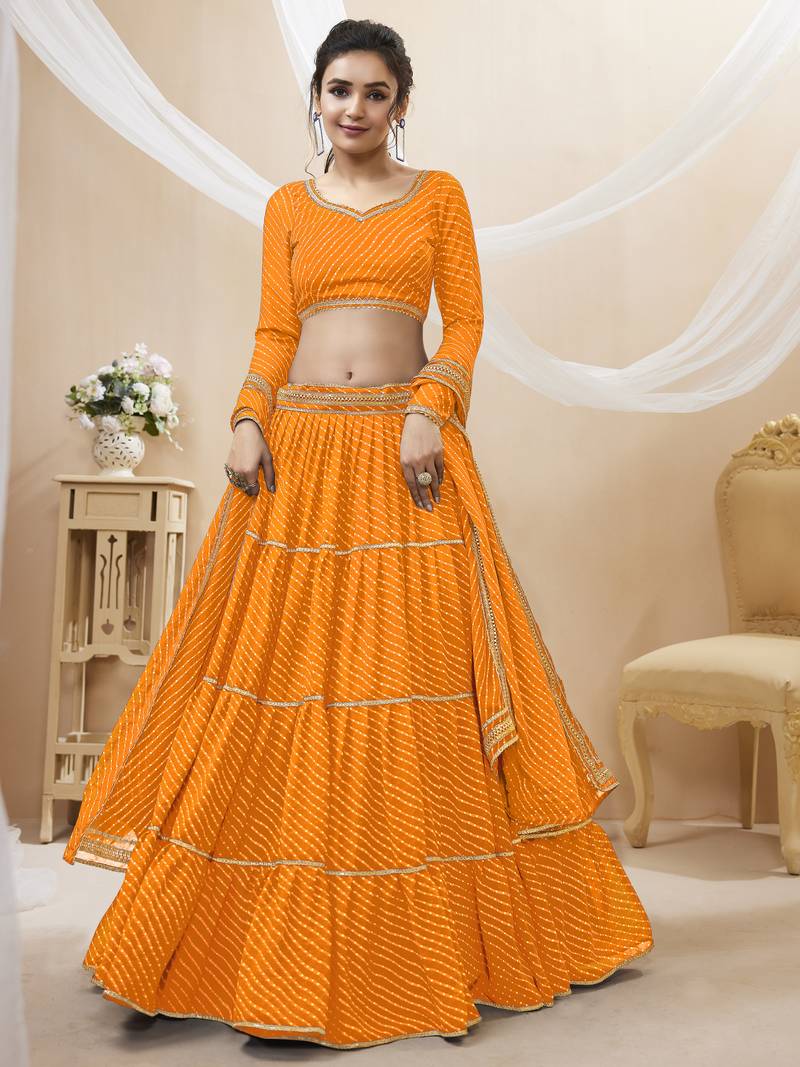 YELLOW LEHRIYA PRINTED WITH LACE ALL OVER GEORGETTE NAVRATRI STITCHED LEHENGA CHOLI