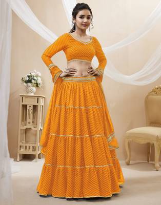 YELLOW LEHRIYA PRINTED WITH LACE ALL OVER GEORGETTE NAVRATRI STITCHED LEHENGA CHOLI 2