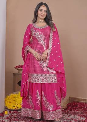 pink traditional wear heavy embroidered designer readymade sharara suit for women's 1