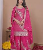 pink traditional wear heavy embroidered designer readymade sharara suit for women's