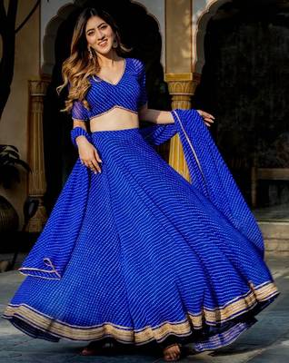 BLUE ZARI & CODING LACE WORK WITH LEHERIYA PRINTED GEORGETTE NAVRATRI STITCHED LEHENGA CHOLI 1