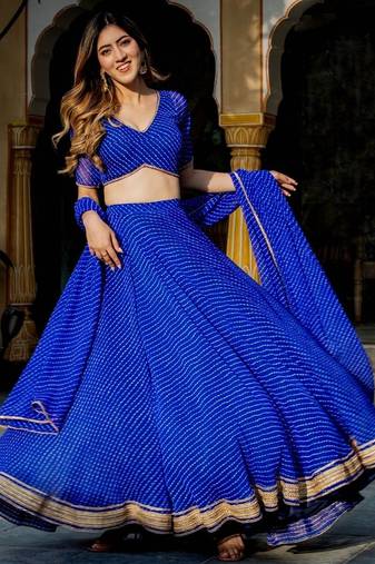 BLUE ZARI & CODING LACE WORK WITH LEHERIYA PRINTED GEORGETTE NAVRATRI STITCHED LEHENGA CHOLI