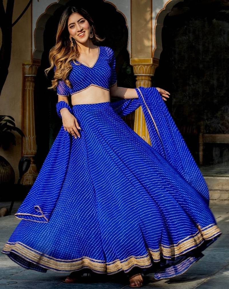 BLUE ZARI & CODING LACE WORK WITH LEHERIYA PRINTED GEORGETTE NAVRATRI STITCHED LEHENGA CHOLI