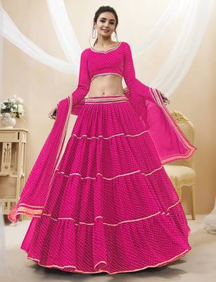 RANI PINK LEHRIYA PRINTED WITH LACE ALL OVER GEORGETTE NAVRATRI STITCHED LEHENGA CHOLI 1