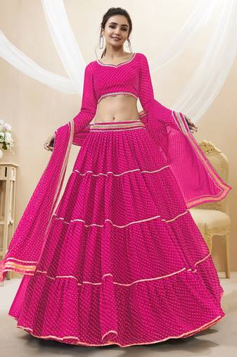 RANI PINK LEHRIYA PRINTED WITH LACE ALL OVER GEORGETTE NAVRATRI STITCHED LEHENGA CHOLI